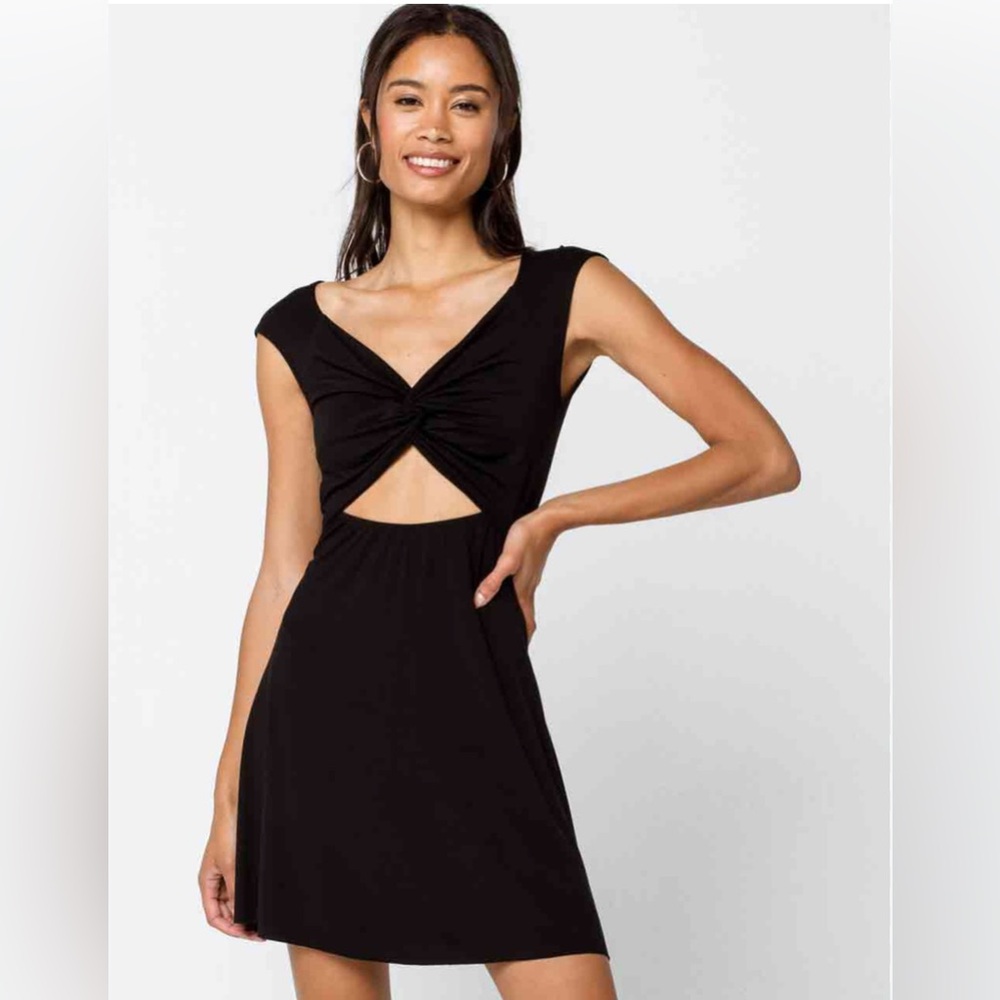 Lazy Sundays Black Twist Front Mini Dress Size Small Front Cutout Raw Hem Goth